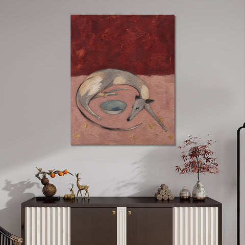 INVIN ART Framed Canvas 100% Handpainted Oil Painting Resting Dog and the Bowl Wall Art