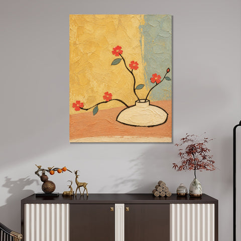 INVIN ART Framed Canvas 100% Handpainted Oil Painting Red Flowers Against Yellow Wall Art