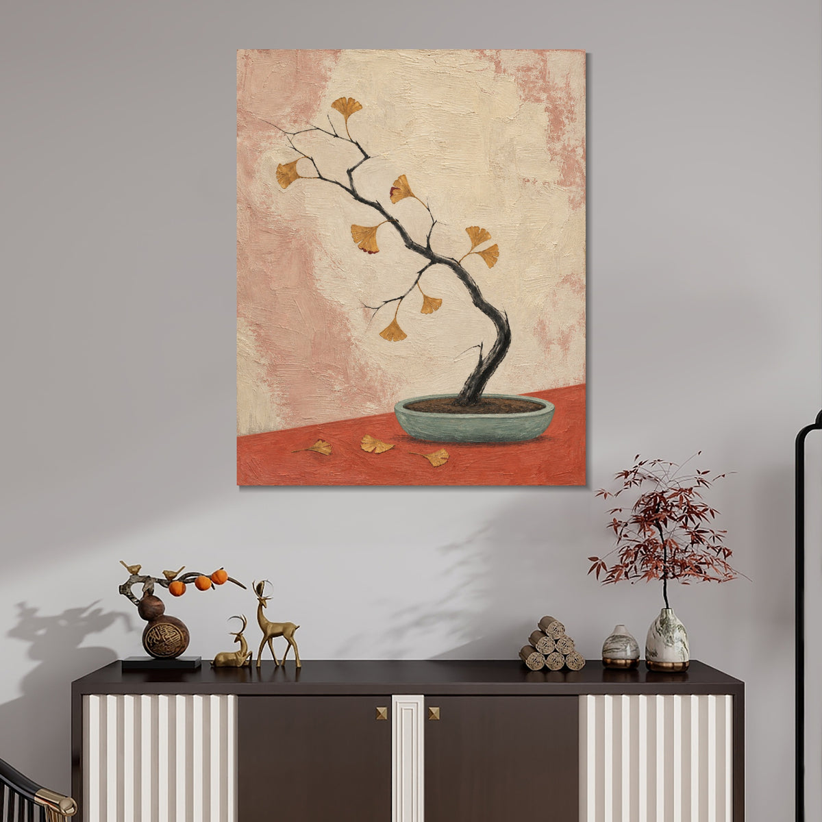 INVIN ART Framed Canvas 100% Handpainted Oil Painting Ginkgo Branch in a Shallow Pot Wall Art