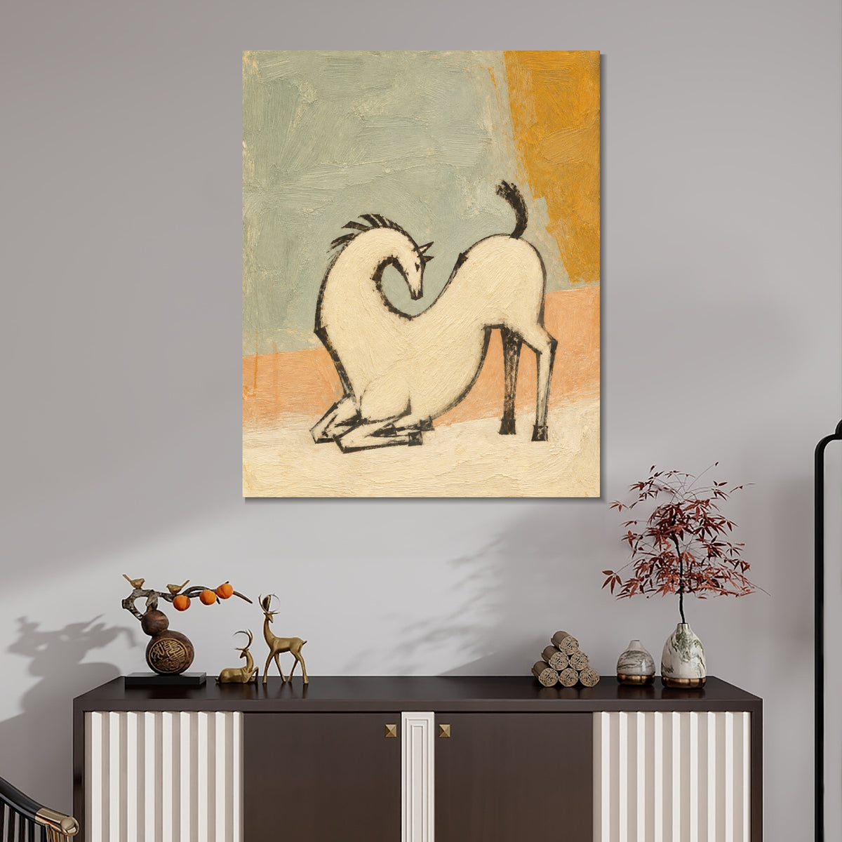 INVIN ART Framed Canvas 100% Handpainted Oil Painting White Horse with a Curved Neck Wall Art