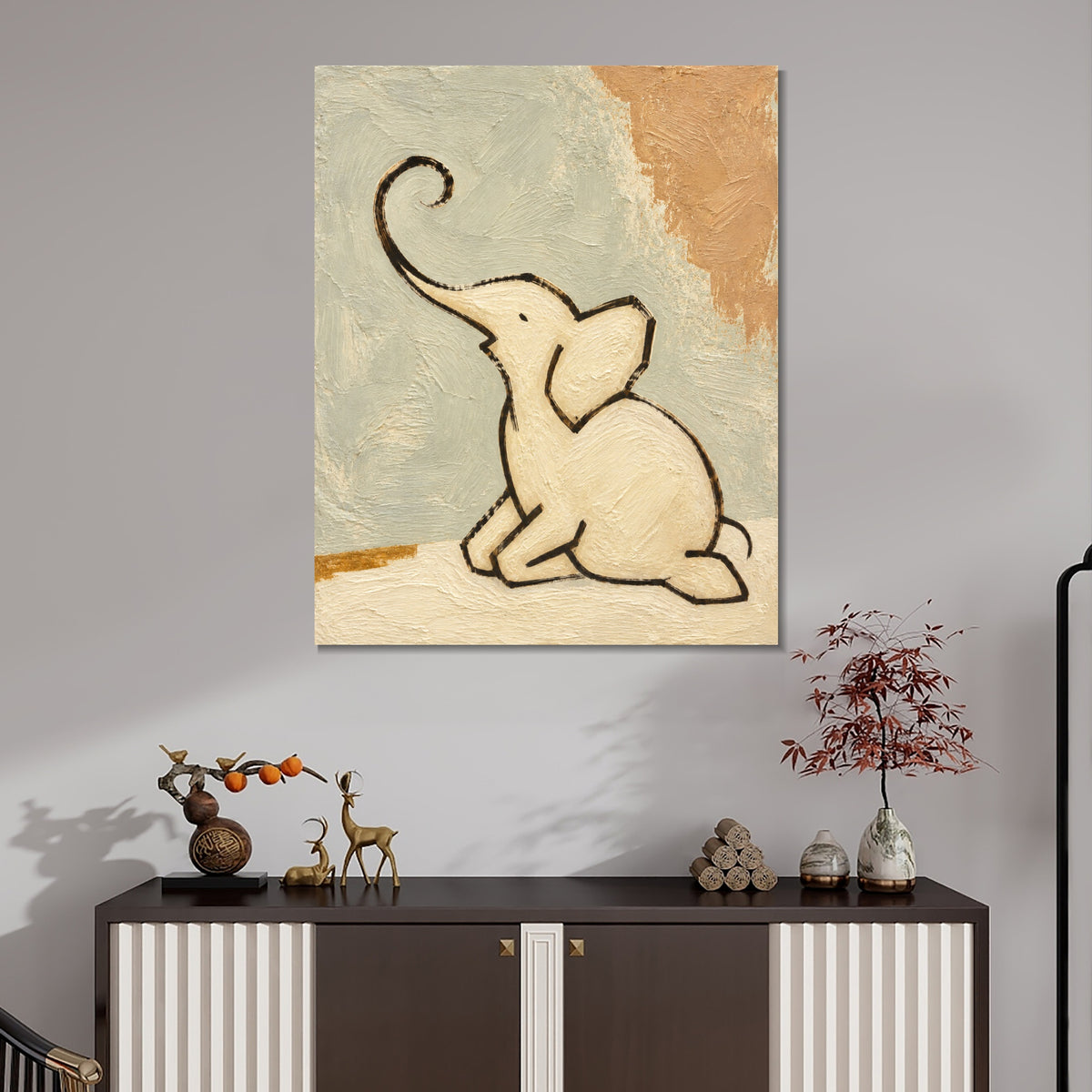 INVIN ART Framed Canvas 100% Handpainted Oil Painting Elephant with a Raised Trunk Wall Art