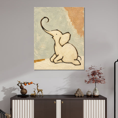 INVIN ART Framed Canvas 100% Handpainted Oil Painting Elephant with a Raised Trunk Wall Art
