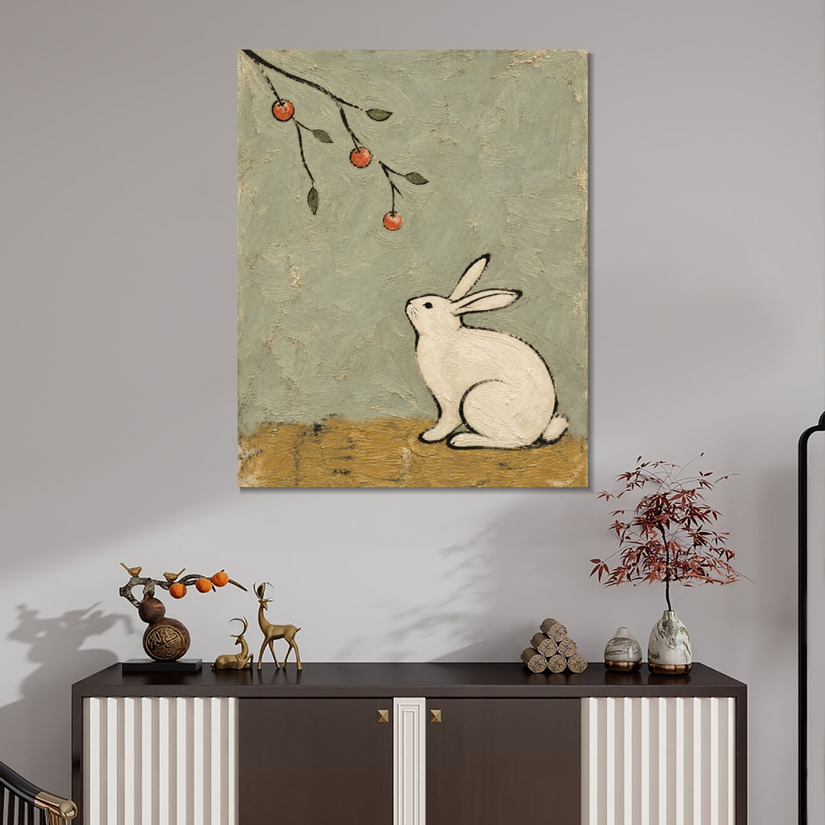 INVIN ART Framed Canvas 100% Handpainted Oil Painting Rabbit Beneath the Fruit Branch Wall Art