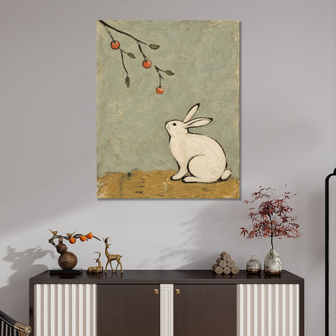 INVIN ART Framed Canvas 100% Handpainted Oil Painting Rabbit Beneath the Fruit Branch Wall Art