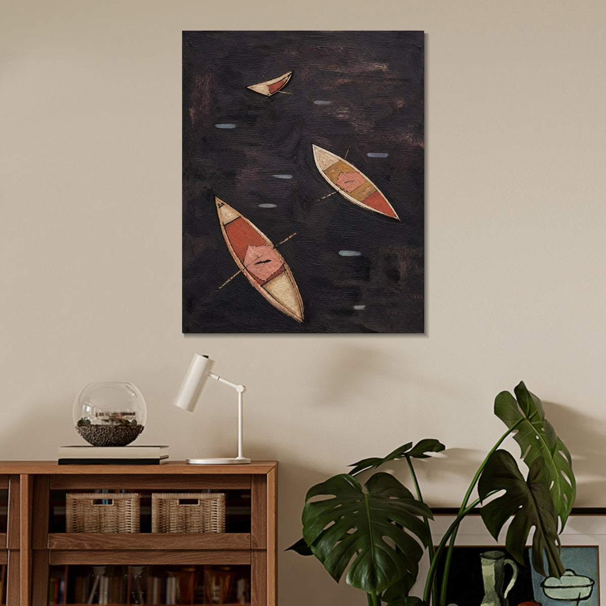 INVIN ART Framed Canvas 100% Handpainted Oil Painting Three Boats on Dark Water Wall Art