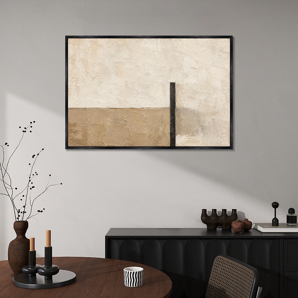INVIN ART Framed Canvas 100% Handpainted Oil Painting Black Pillar at the Horizon Wall Art