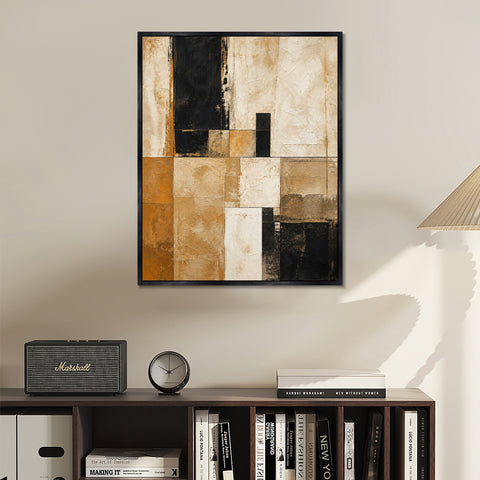 INVIN ART Framed Canvas 100% Handpainted Oil Painting Sand and Black Grid Wall Art