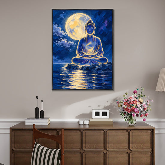 INVIN ART Framed Canvas 100% Handpainted Oil Painting Buddha Beneath the Full Moon Wall Art
