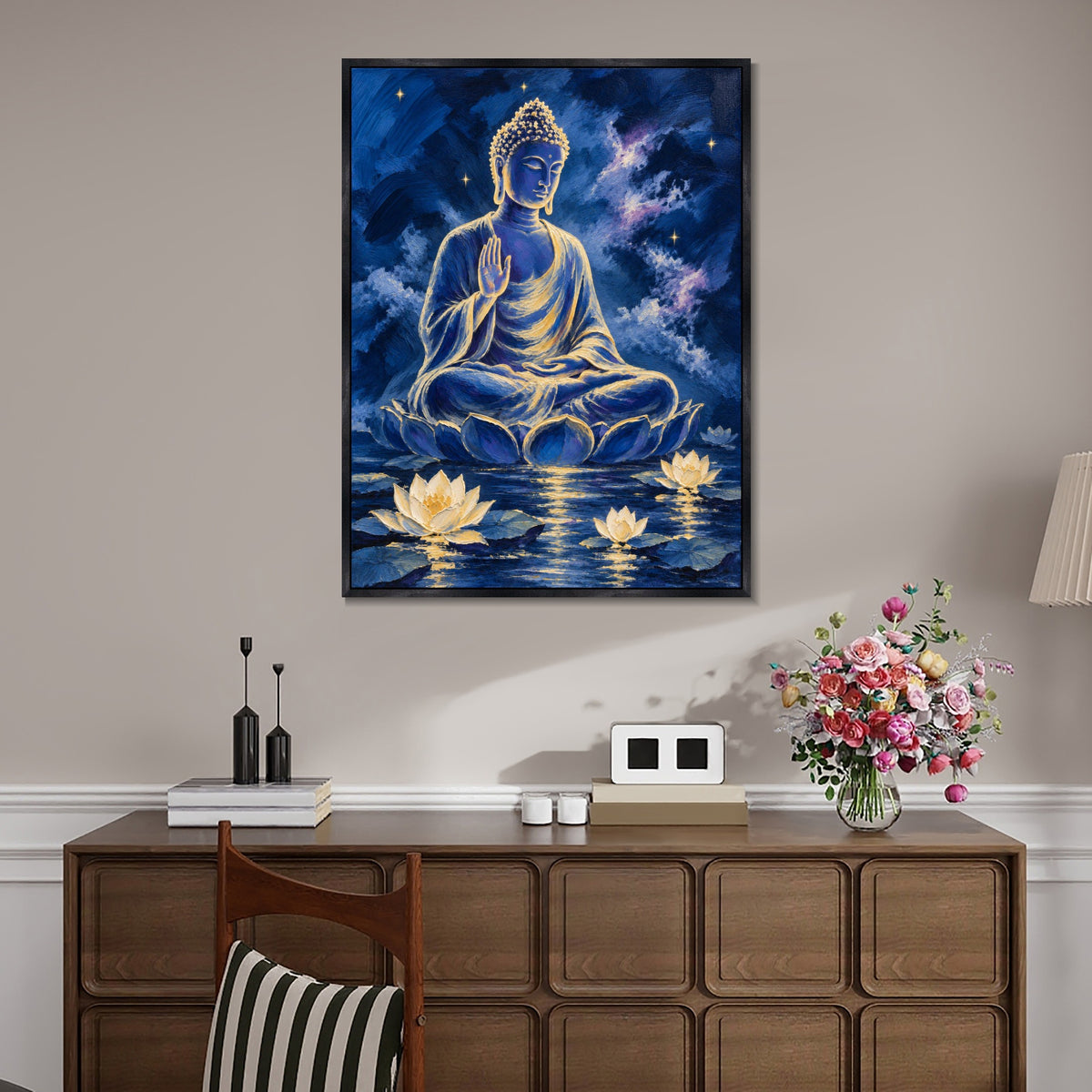 INVIN ART Framed Canvas 100% Handpainted Oil Painting Buddha Above the Lotus Pool Wall Art