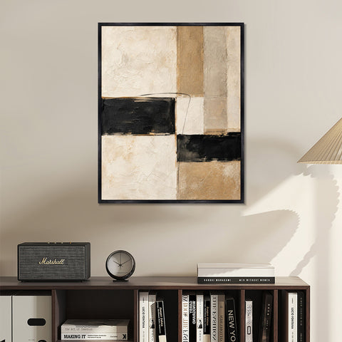 INVIN ART Framed Canvas 100% Handpainted Oil Painting Black Bands and Sand Columns Wall Art