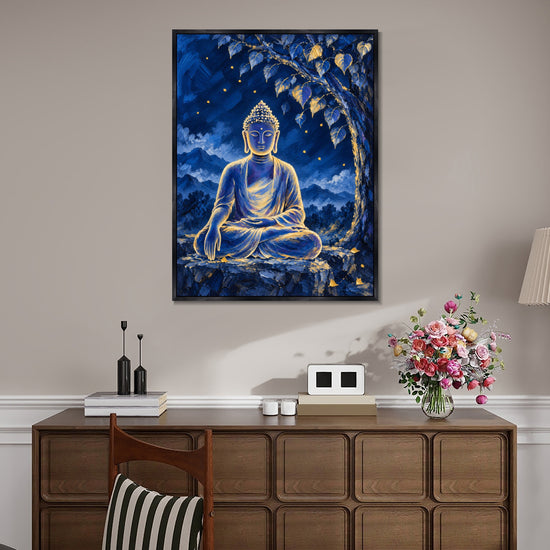 INVIN ART Framed Canvas 100% Handpainted Oil Painting Buddha Beneath the Night Tree Wall Art