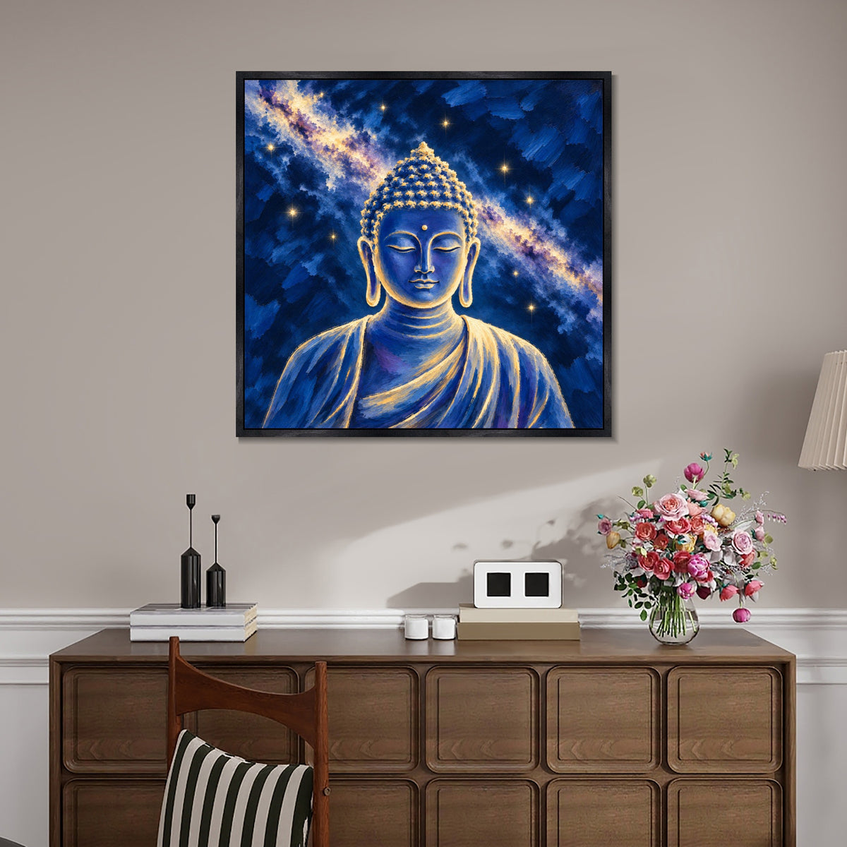 INVIN ART Framed Canvas 100% Handpainted Oil Painting Buddha in the Starry Sky Wall Art