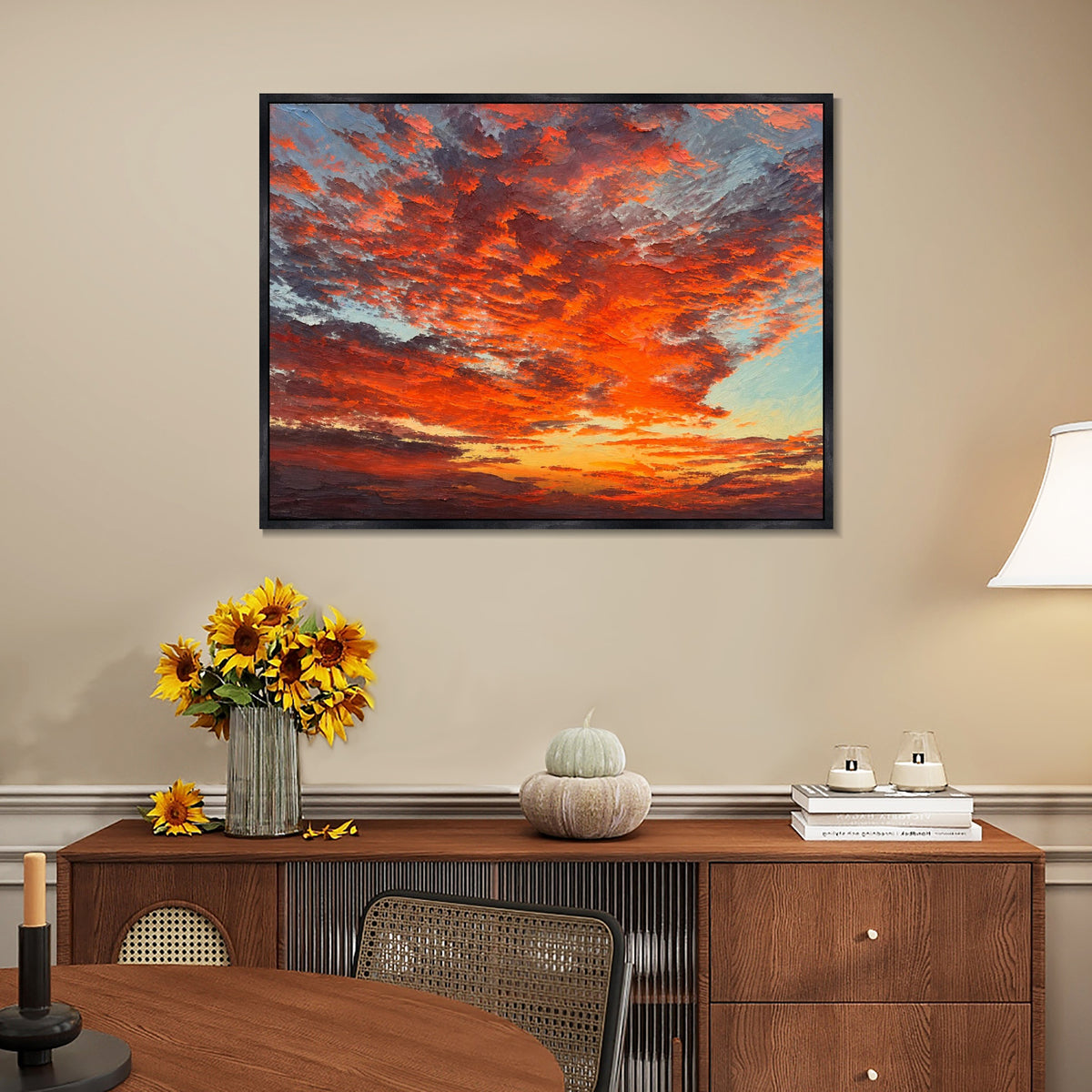 INVIN ART Framed Canvas 100% Handpainted Oil Painting Ember Clouds at Dusk Wall Art