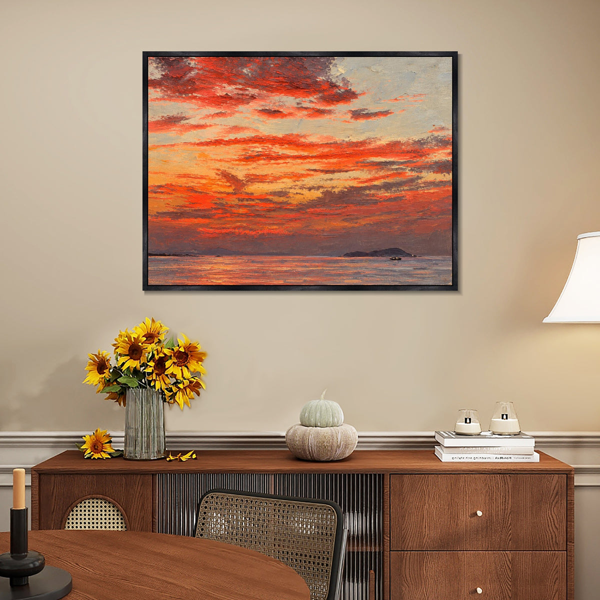 INVIN ART Framed Canvas 100% Handpainted Oil Painting Crimson Evening Over the Sea Wall Art