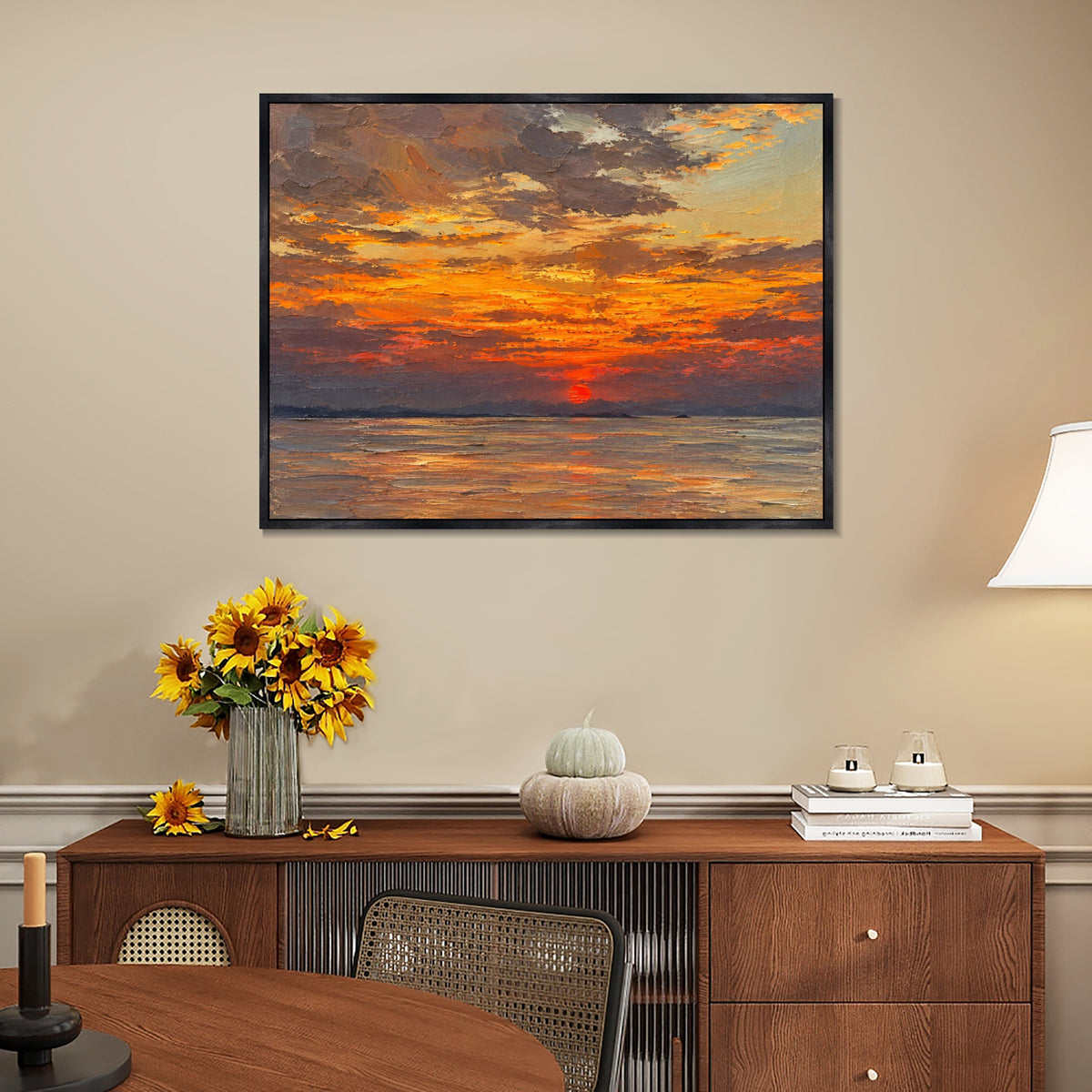 INVIN ART Framed Canvas 100% Handpainted Oil Painting Golden Sunset Reflections Wall Art