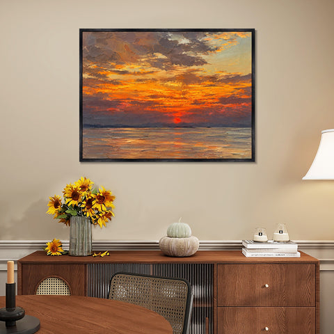 INVIN ART Framed Canvas 100% Handpainted Oil Painting Golden Sunset Reflections Wall Art