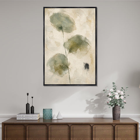 INVIN ART Framed Canvas 100% Handpainted Oil Painting Three Leaves on a Fine Stem Wall Art