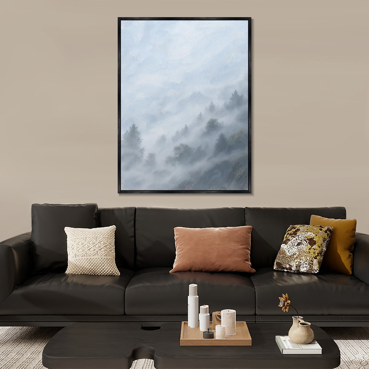 INVIN ART Framed Canvas 100% Handpainted Oil Painting Forest Slopes in Mist Wall Art