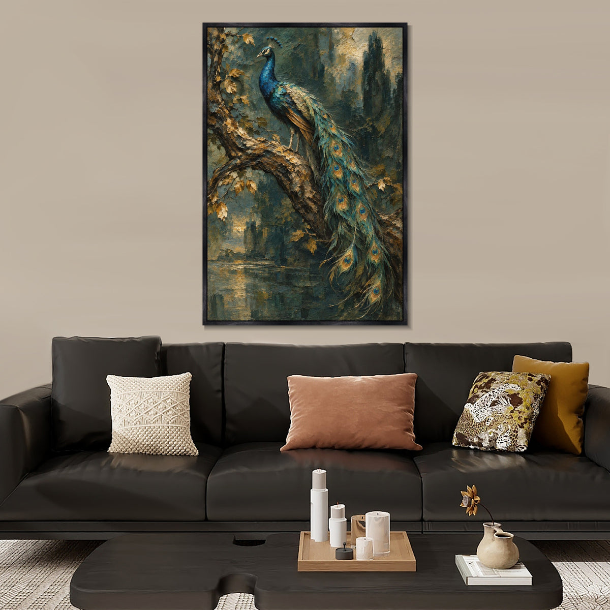 INVIN ART Framed Canvas 100% Handpainted Oil Painting Peacock on a Woodland Branch Wall Art