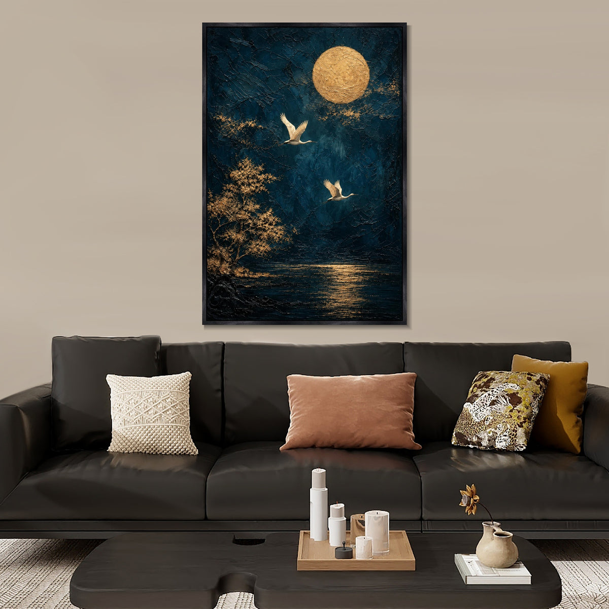 INVIN ART Framed Canvas 100% Handpainted Oil Painting Two Birds Beneath a Golden Moon Wall Art