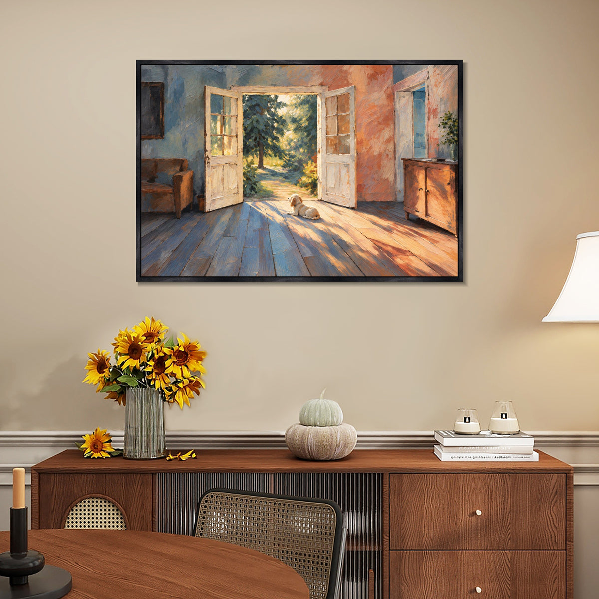 INVIN ART Framed Canvas 100% Handpainted Oil Painting Little Dog in the Doorway Light Wall Art