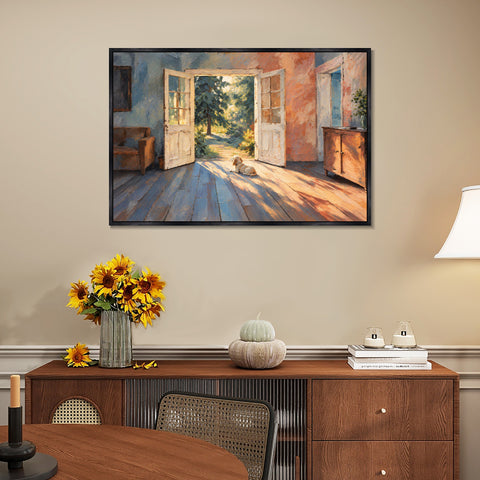INVIN ART Framed Canvas 100% Handpainted Oil Painting Little Dog in the Doorway Light Wall Art