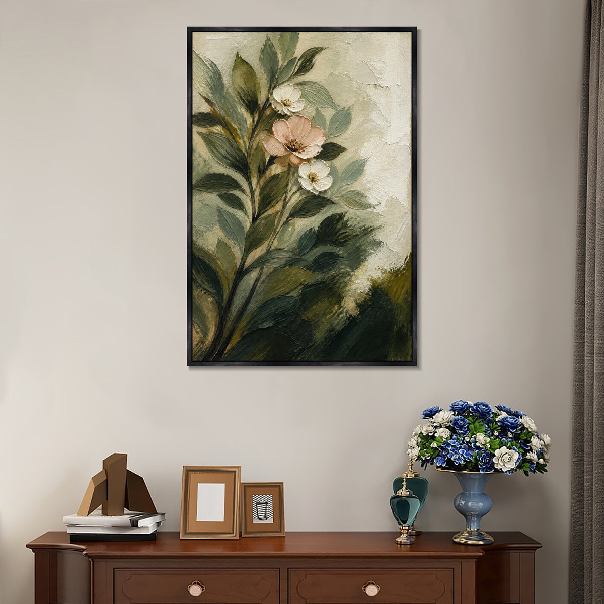 INVIN ART Framed Canvas 100% Handpainted Oil Painting Pale Blossoms Among Leaves Wall Art