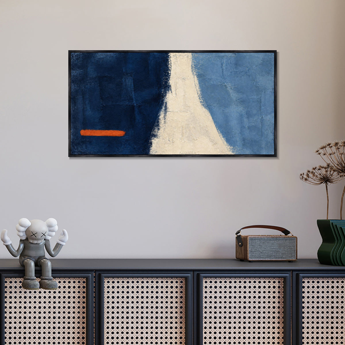 INVIN ART Framed Canvas 100% Handpainted Oil Painting Orange Line Across Blue Wall Art