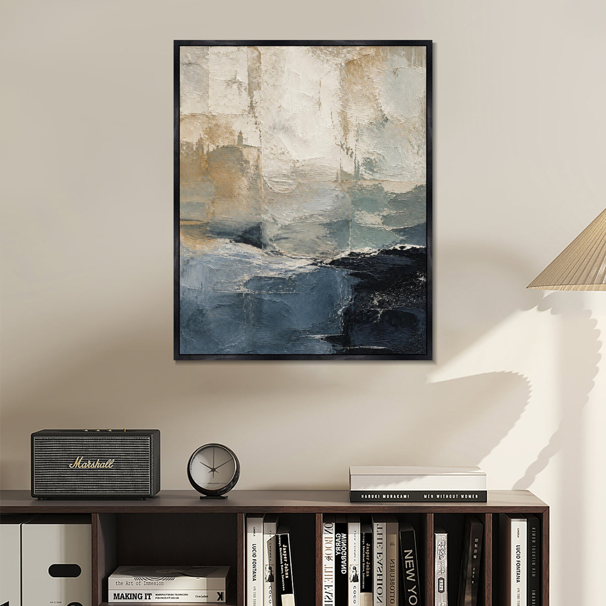INVIN ART Framed Canvas 100% Handpainted Oil Painting Blue Gray Layered Shore Wall Art