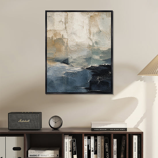 INVIN ART Framed Canvas 100% Handpainted Oil Painting Blue Gray Layered Shore Wall Art