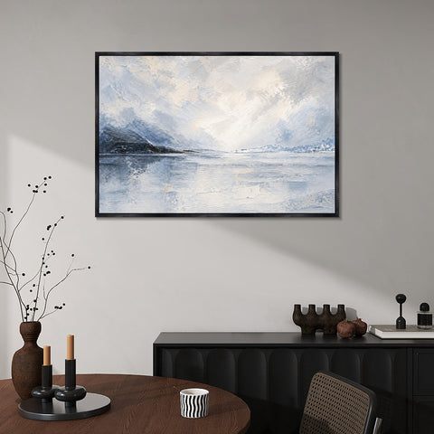INVIN ART Framed Canvas 100% Handpainted Oil Painting Clear Lake and Distant Mountains Wall Art