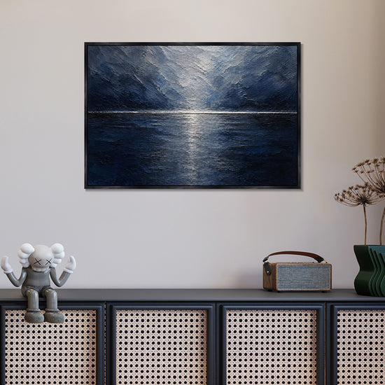 INVIN ART Framed Canvas 100% Handpainted Oil Painting Deep Blue Moonlit Lake Wall Art
