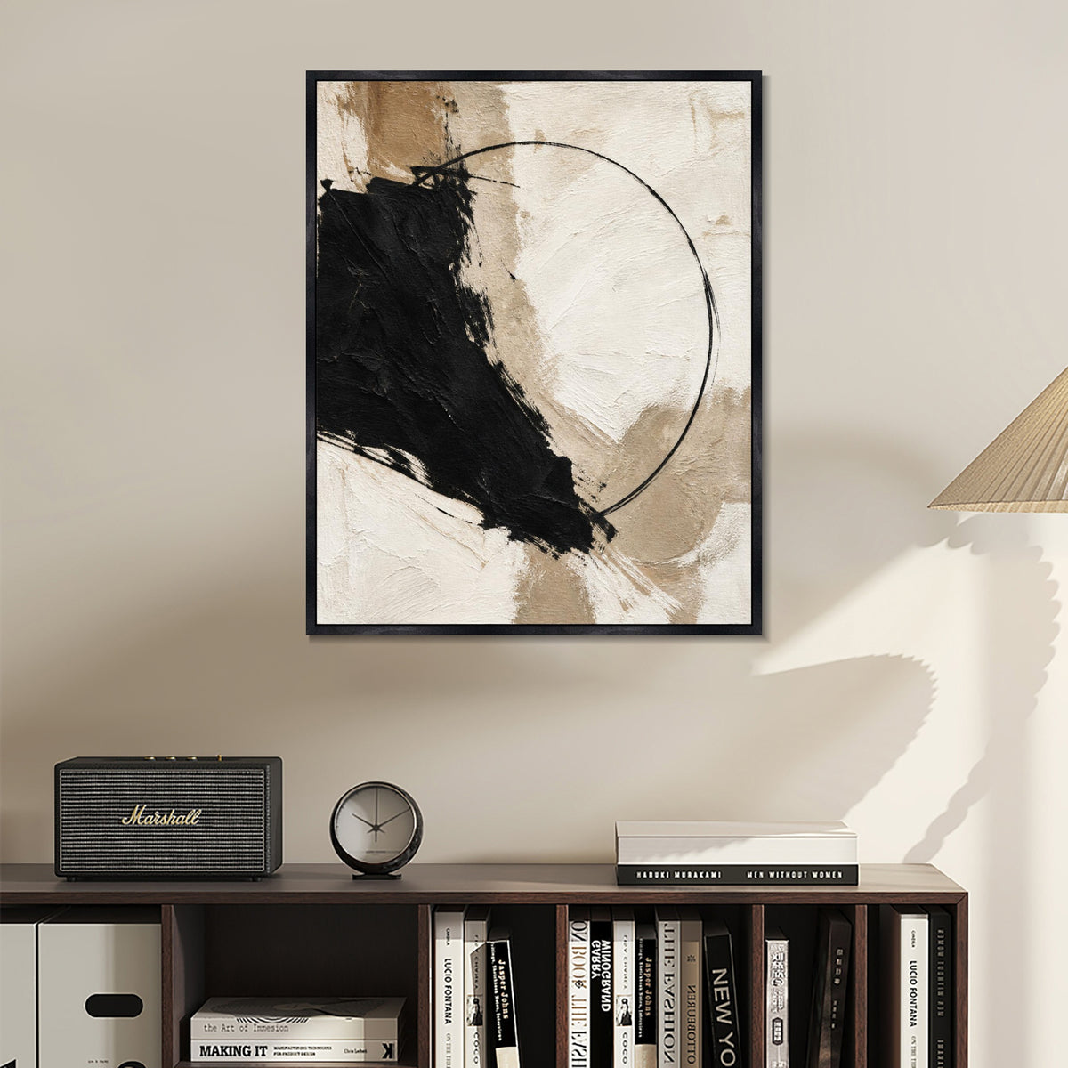 INVIN ART Framed Canvas 100% Handpainted Oil Painting Black Form and a Fine Circle Wall Art