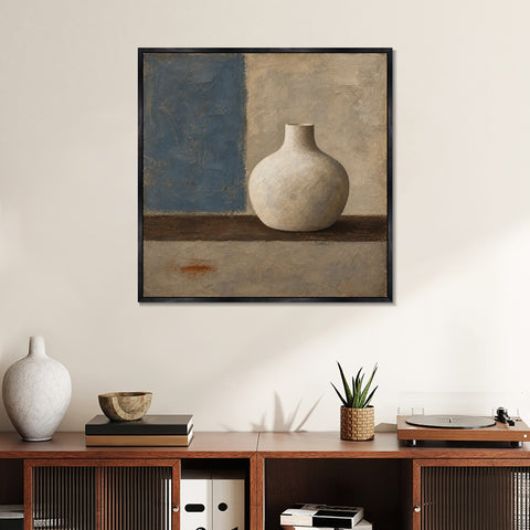 INVIN ART Framed Canvas 100% Handpainted Oil Painting Pale Vase Against Blue Wall Art