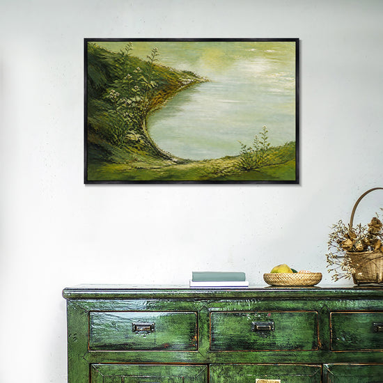 INVIN ART Framed Canvas 100% Handpainted Oil Painting Green Shore and Lake Cove Wall Art