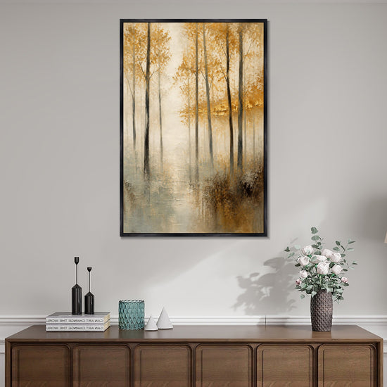 INVIN ART Framed Canvas 100% Handpainted Oil Painting Golden Leaves in Mist Wall Art