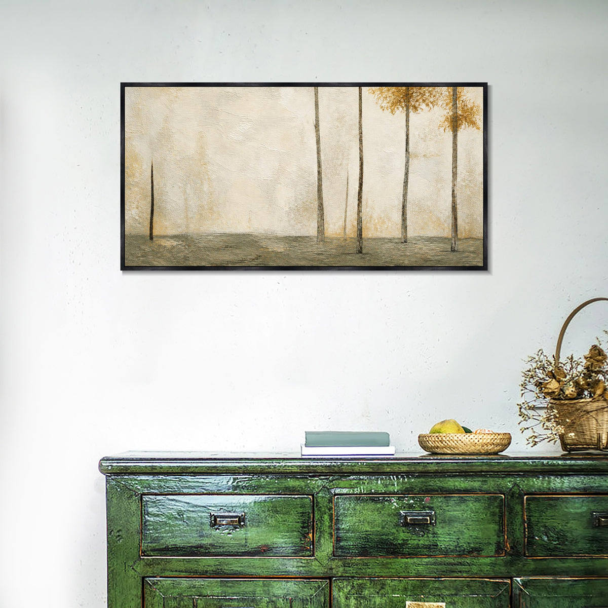 INVIN ART Framed Canvas 100% Handpainted Oil Painting Sparse Trees in Pale Gold Wall Art