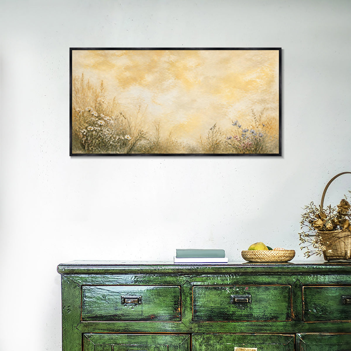 INVIN ART Framed Canvas 100% Handpainted Oil Painting Flowers Beneath Golden Clouds Wall Art