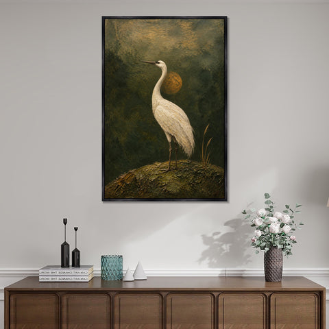 INVIN ART Framed Canvas 100% Handpainted Oil Painting Crane at Dusk Minimal Bird Landscape Wall Art