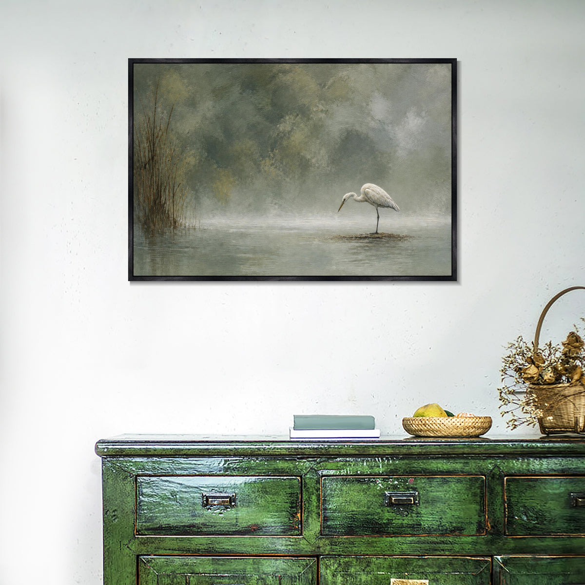 INVIN ART Framed Canvas 100% Handpainted Oil Painting Heron in Misty Water Wall Art