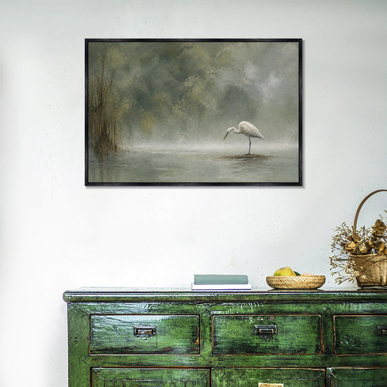 INVIN ART Framed Canvas 100% Handpainted Oil Painting Heron in Misty Water Wall Art