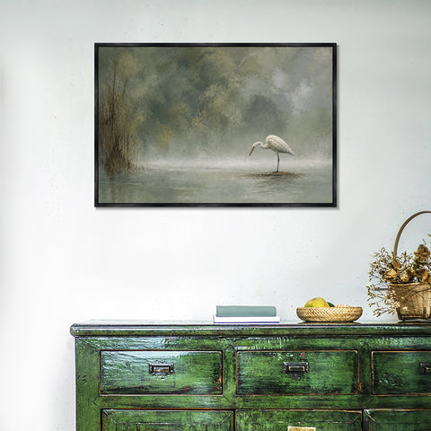 INVIN ART Framed Canvas 100% Handpainted Oil Painting Heron in Mist Minimal Bird Landscape Wall Art