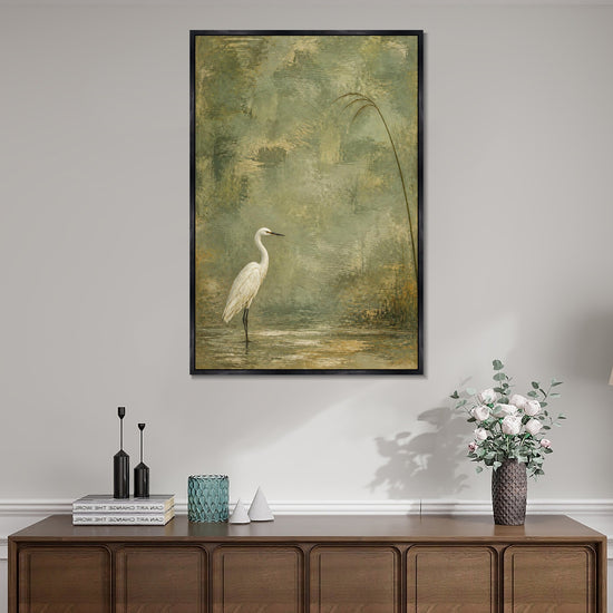 INVIN ART Framed Canvas 100% Handpainted Oil Painting White Heron Beneath a Reed Wall Art