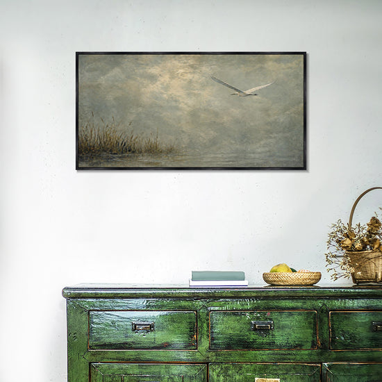INVIN ART Framed Canvas 100% Handpainted Oil Painting Bird Above the Reed Shore Wall Art
