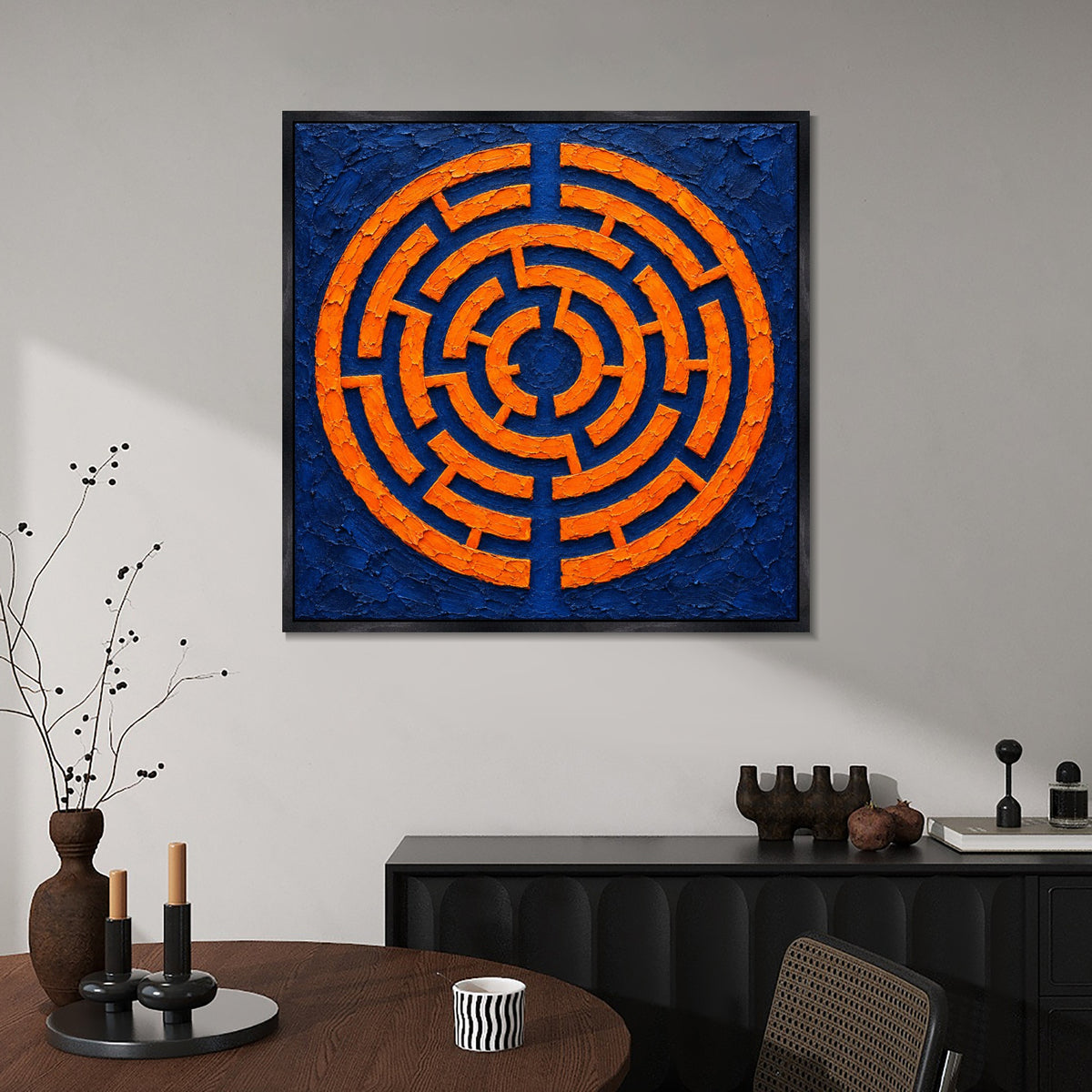 INVIN ART Framed Canvas 100% Handpainted Oil Painting Orange Maze on Indigo Wall Art