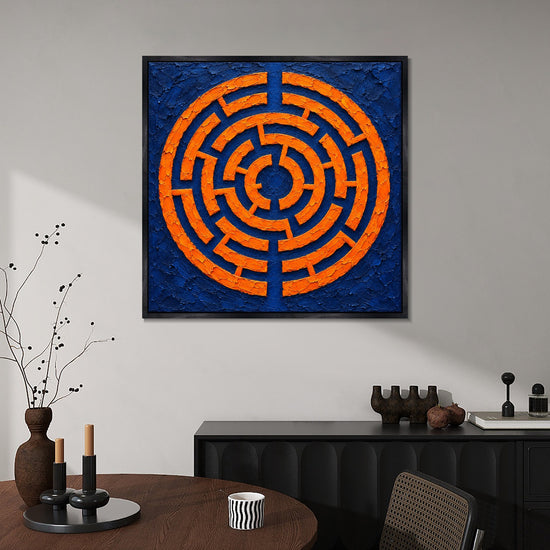 INVIN ART Framed Canvas 100% Handpainted Oil Painting Orange Maze on Indigo Wall Art