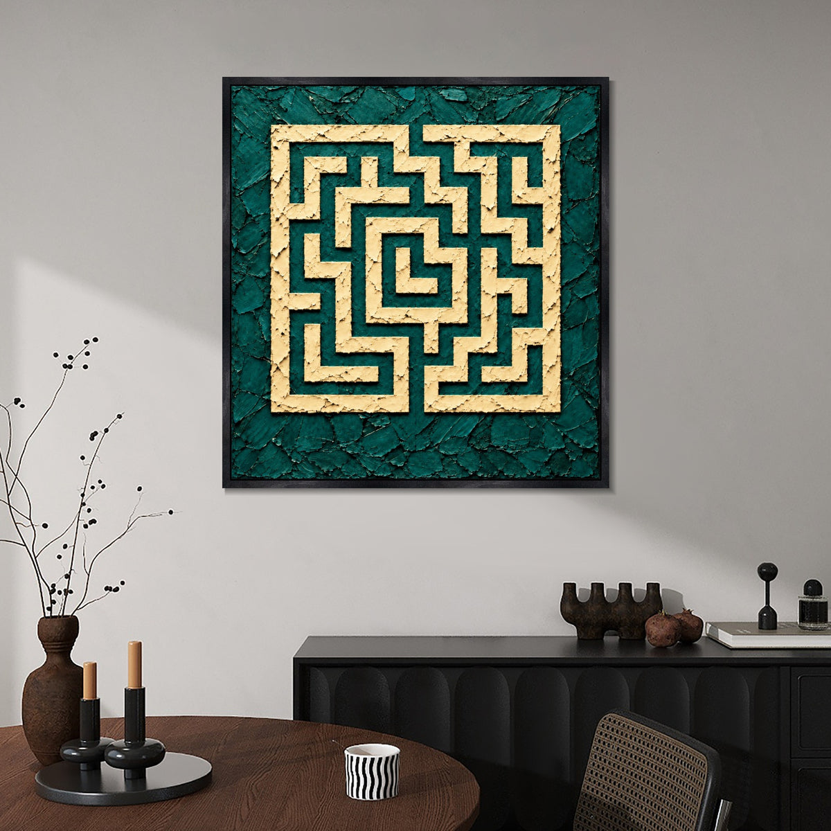 INVIN ART Framed Canvas 100% Handpainted Oil Painting Ivory Maze on Teal Wall Art