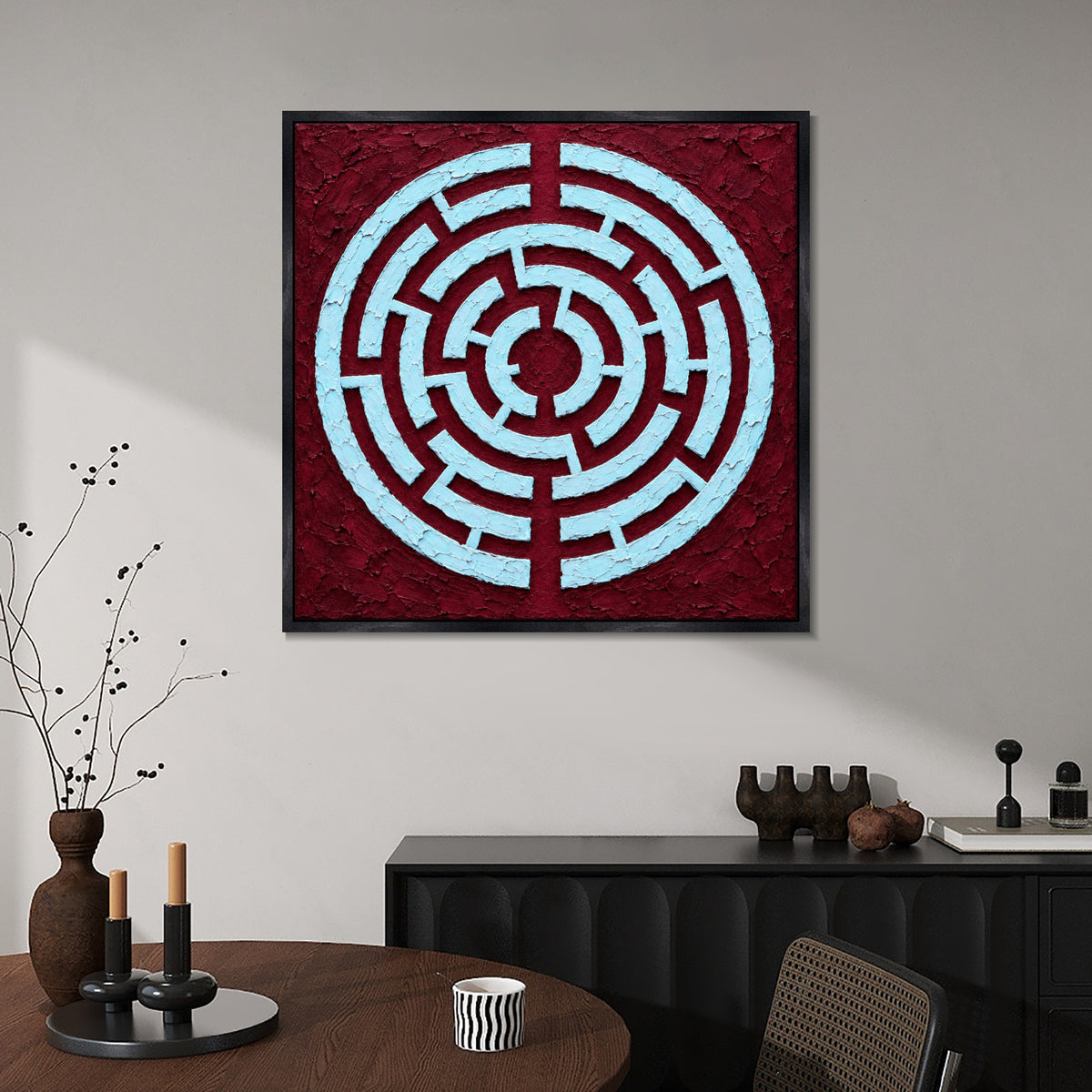 INVIN ART Framed Canvas 100% Handpainted Oil Painting Ice Blue Maze on Burgundy Wall Art