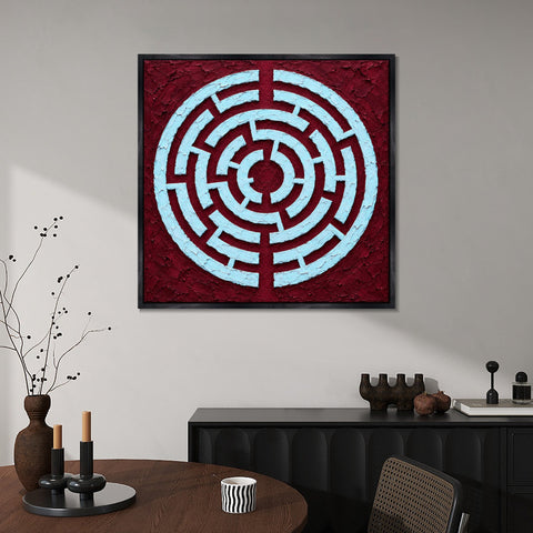 INVIN ART Framed Canvas 100% Handpainted Oil Painting Ice Blue Maze on Burgundy Wall Art