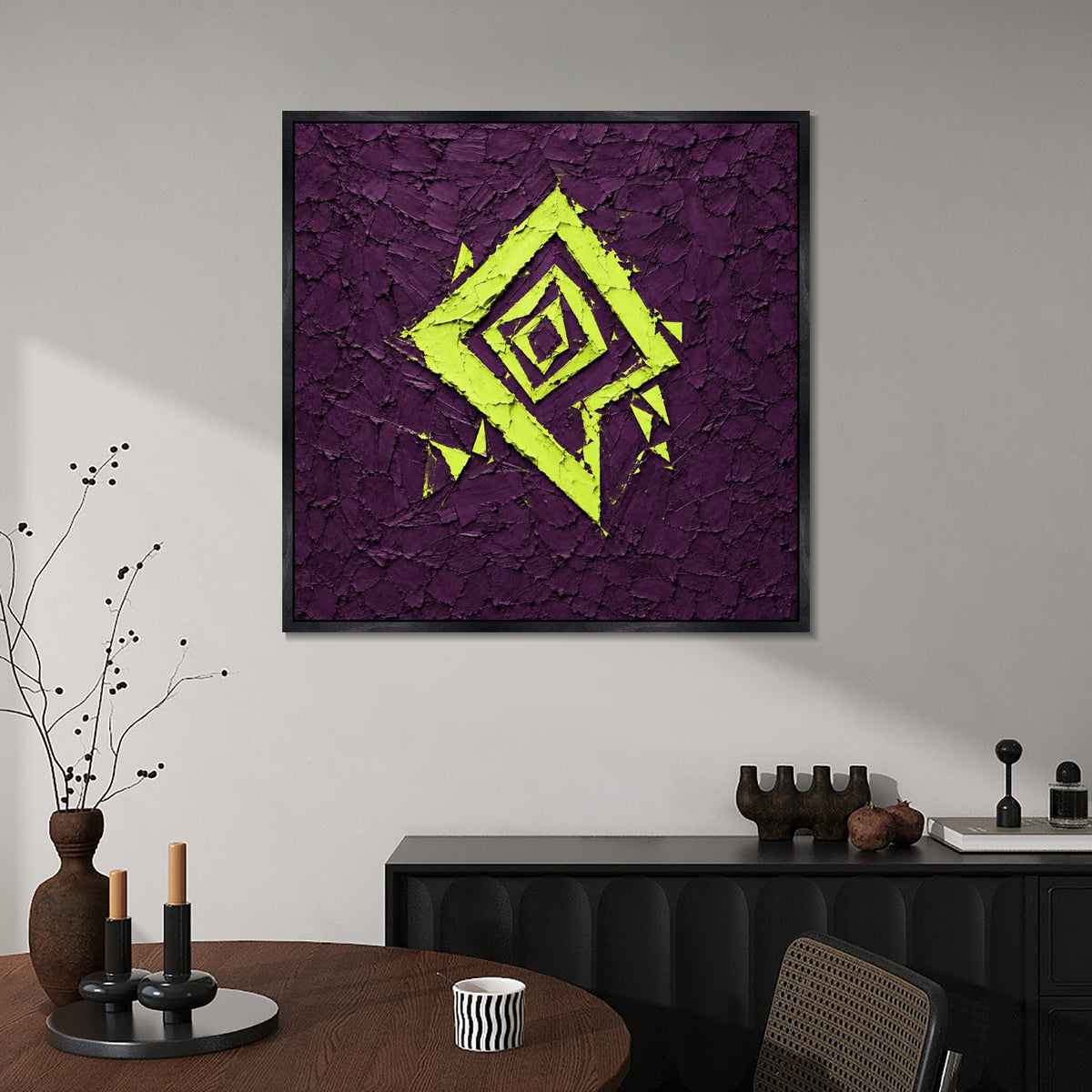 INVIN ART Framed Canvas 100% Handpainted Oil Painting Lime Diamond on Purple Wall Art